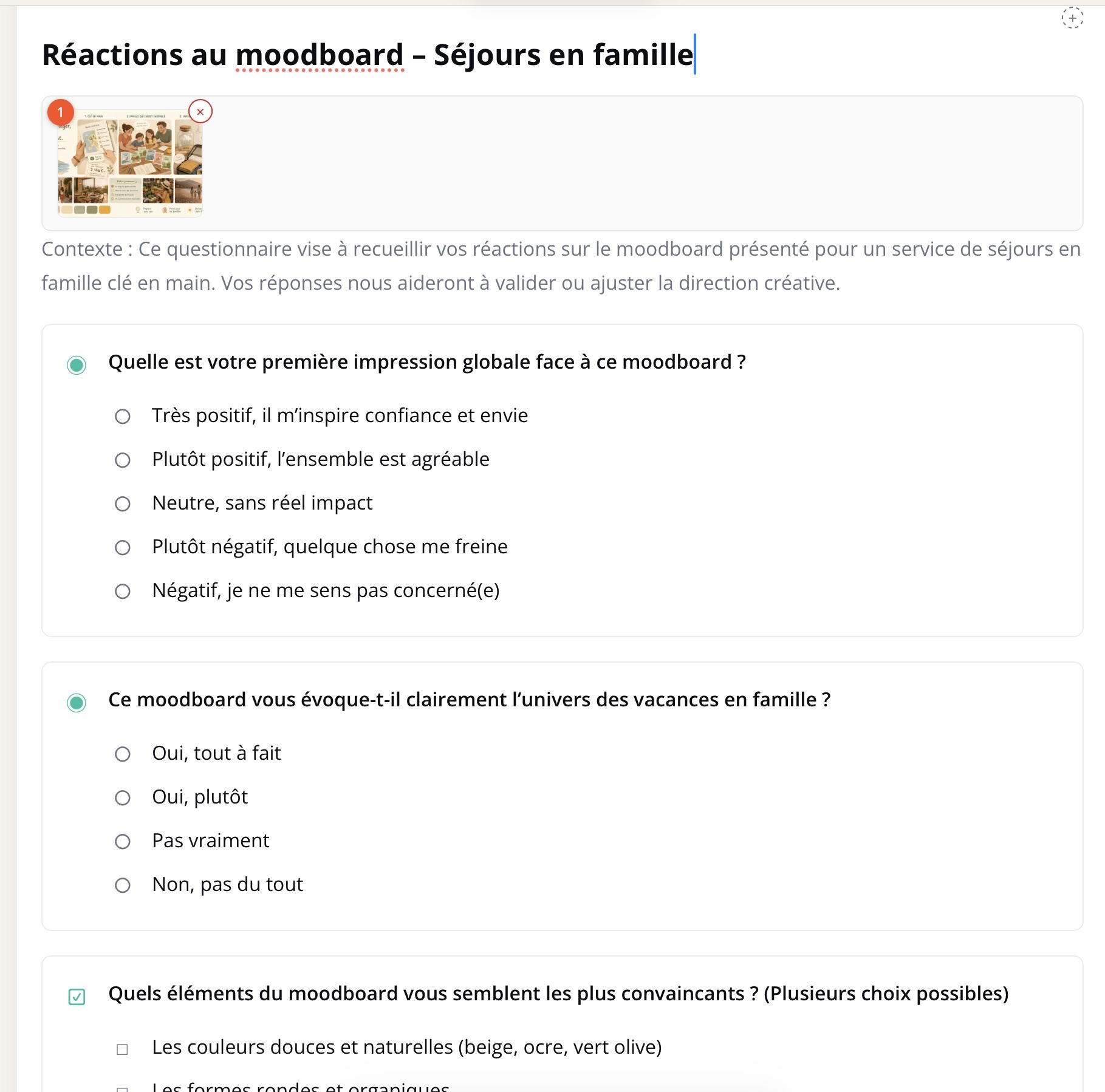 Le moodboard intégré au second questionnaire, avec les questions générées