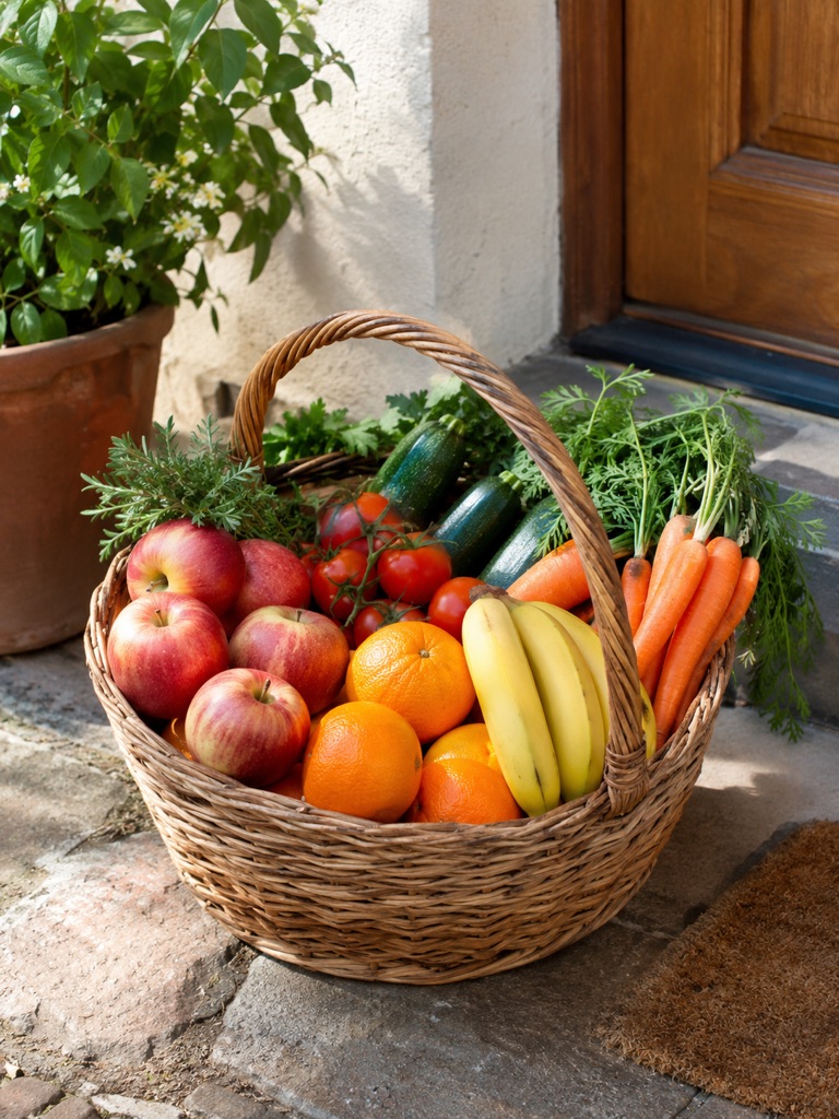 Un panier d'osier rempli de fruits et légumes — pommes, oranges, bananes, courgettes, carottes et tomates — posé devant une porte