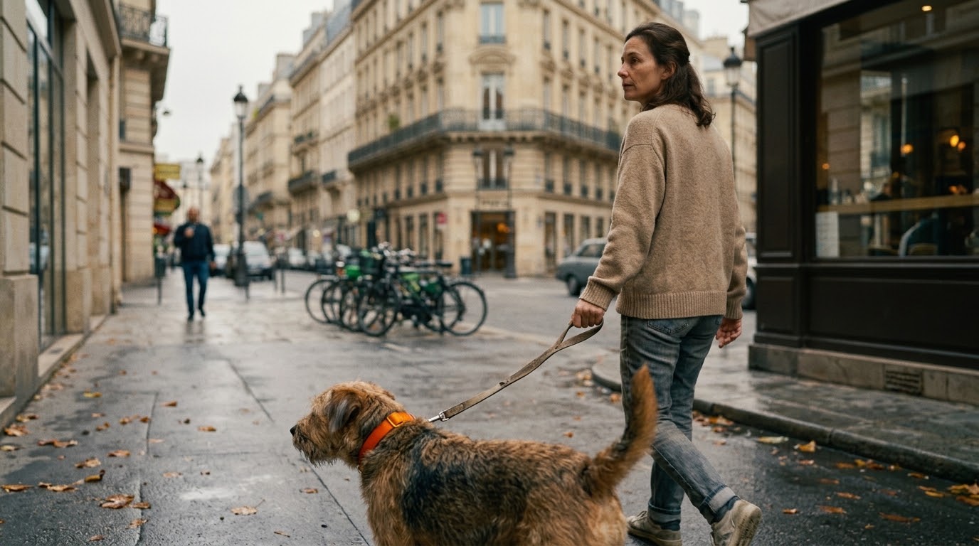 Une femme promène le chien d'un inconnu sur un boulevard parisien, un matin d'automne