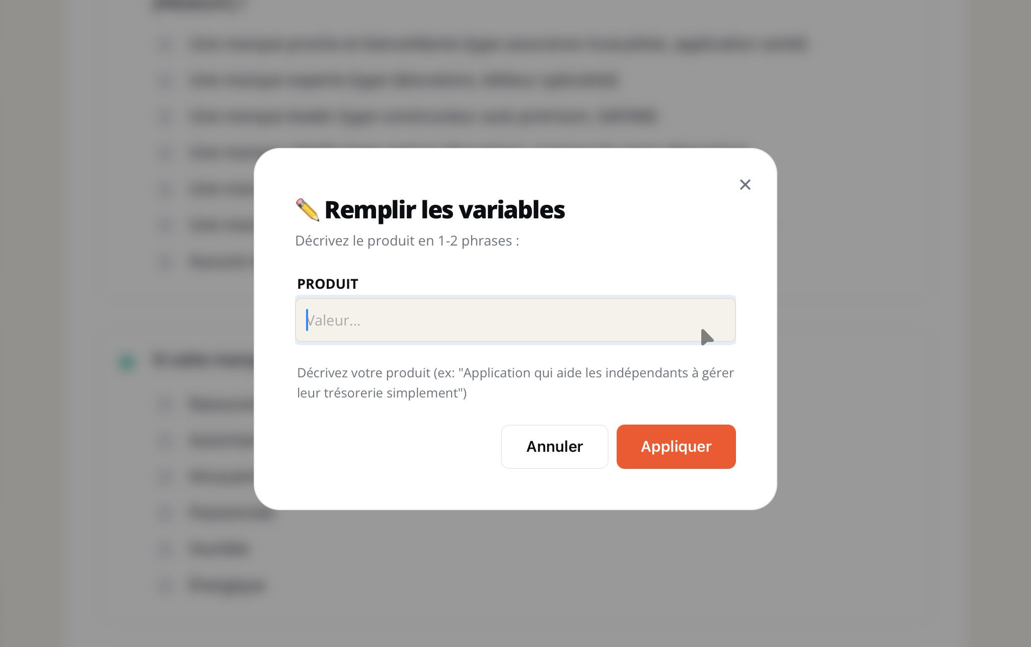 Popup de saisie des variables
